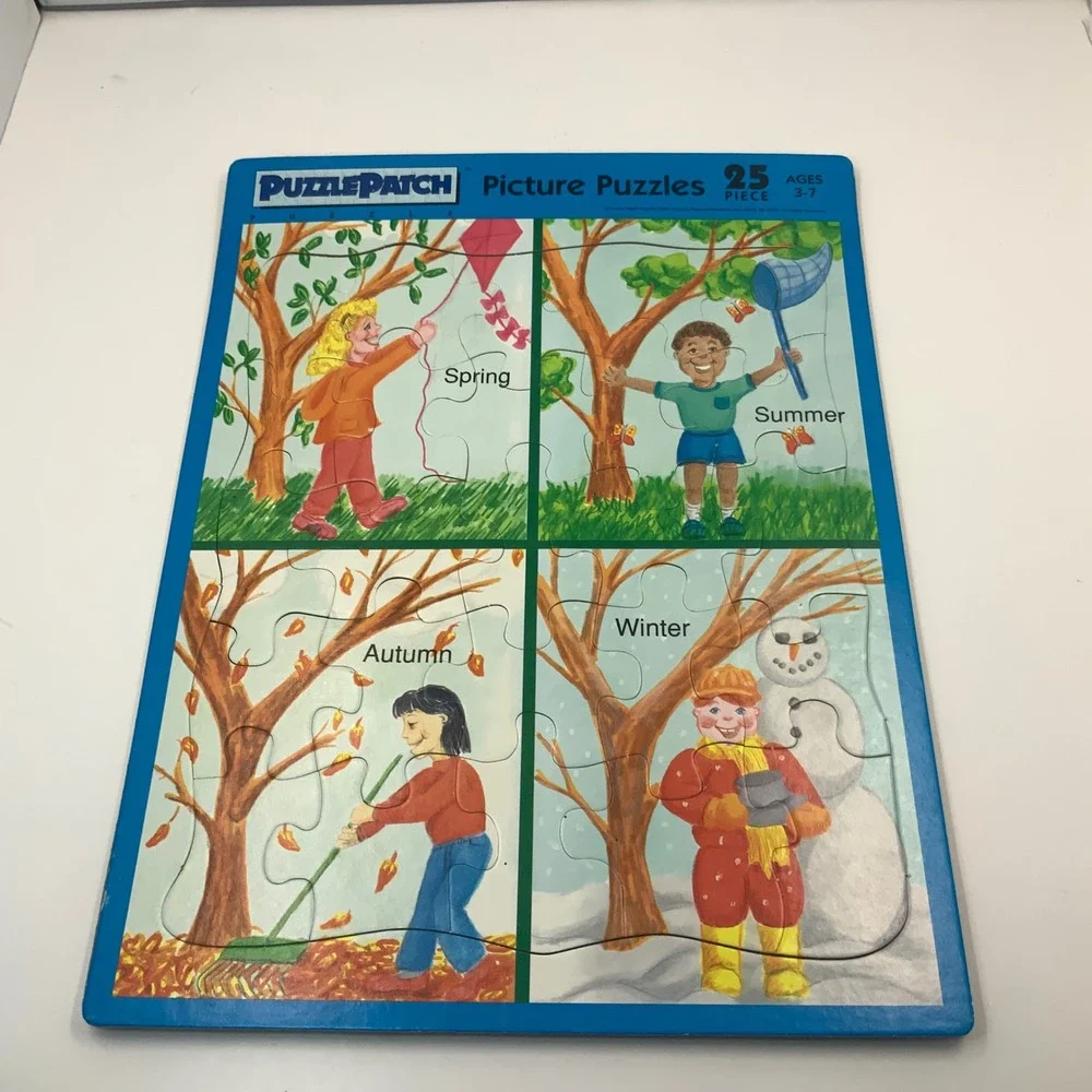 Vintage PuzzlePatch 25 Piece Tray Puzzles Lot of 4 Seasons Clocks Tools Bunnies